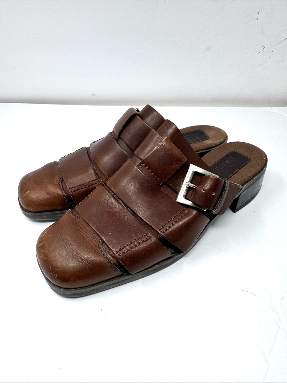 ENZO ANGIOLINI distressed brown leather mules, size 8.5